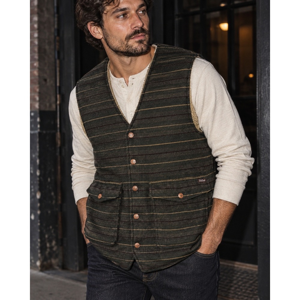 Woolrich Sherpa Lined Wool Stripe Button Vest Green Workwear Mens L